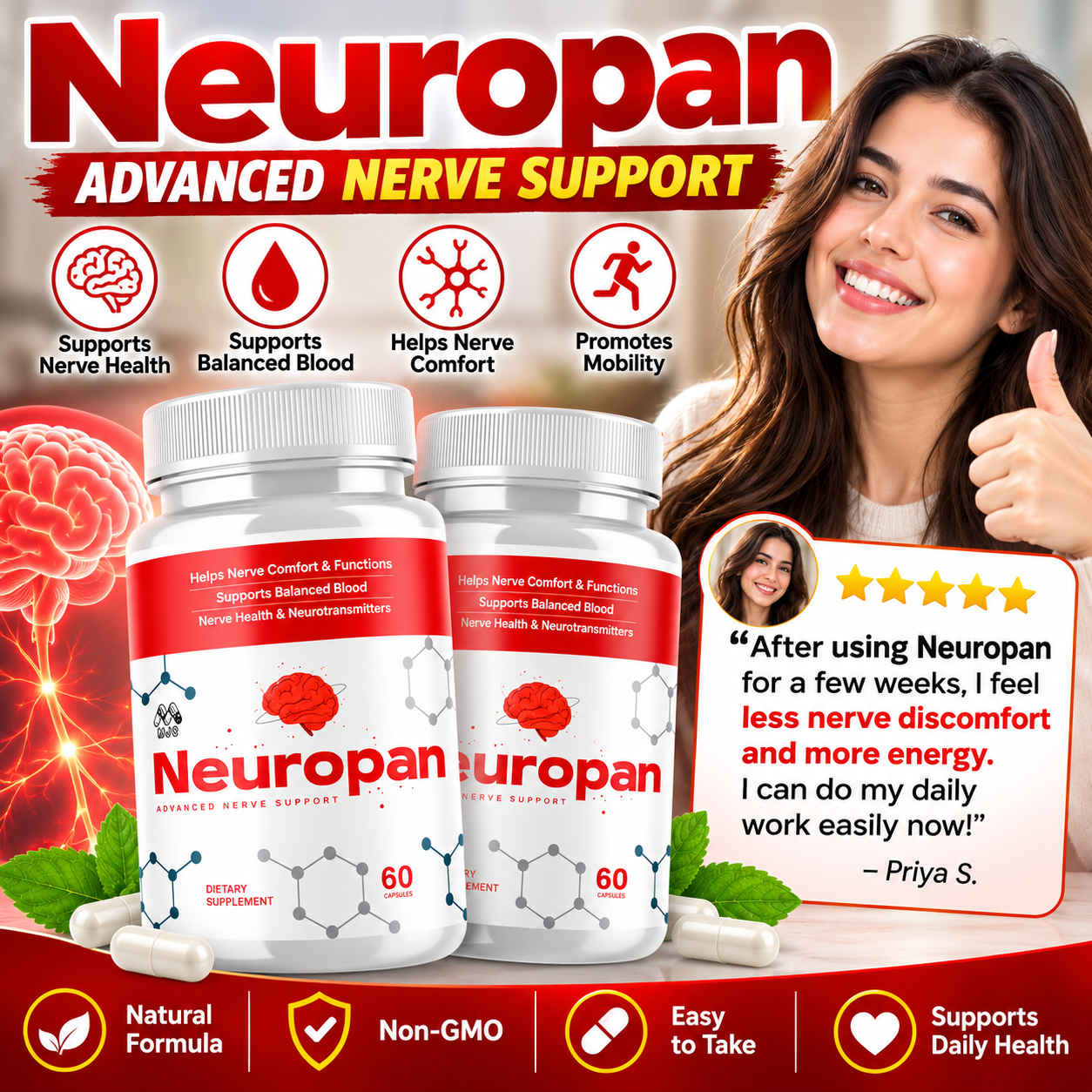 Neuropan nerve support bottles with benefit icons