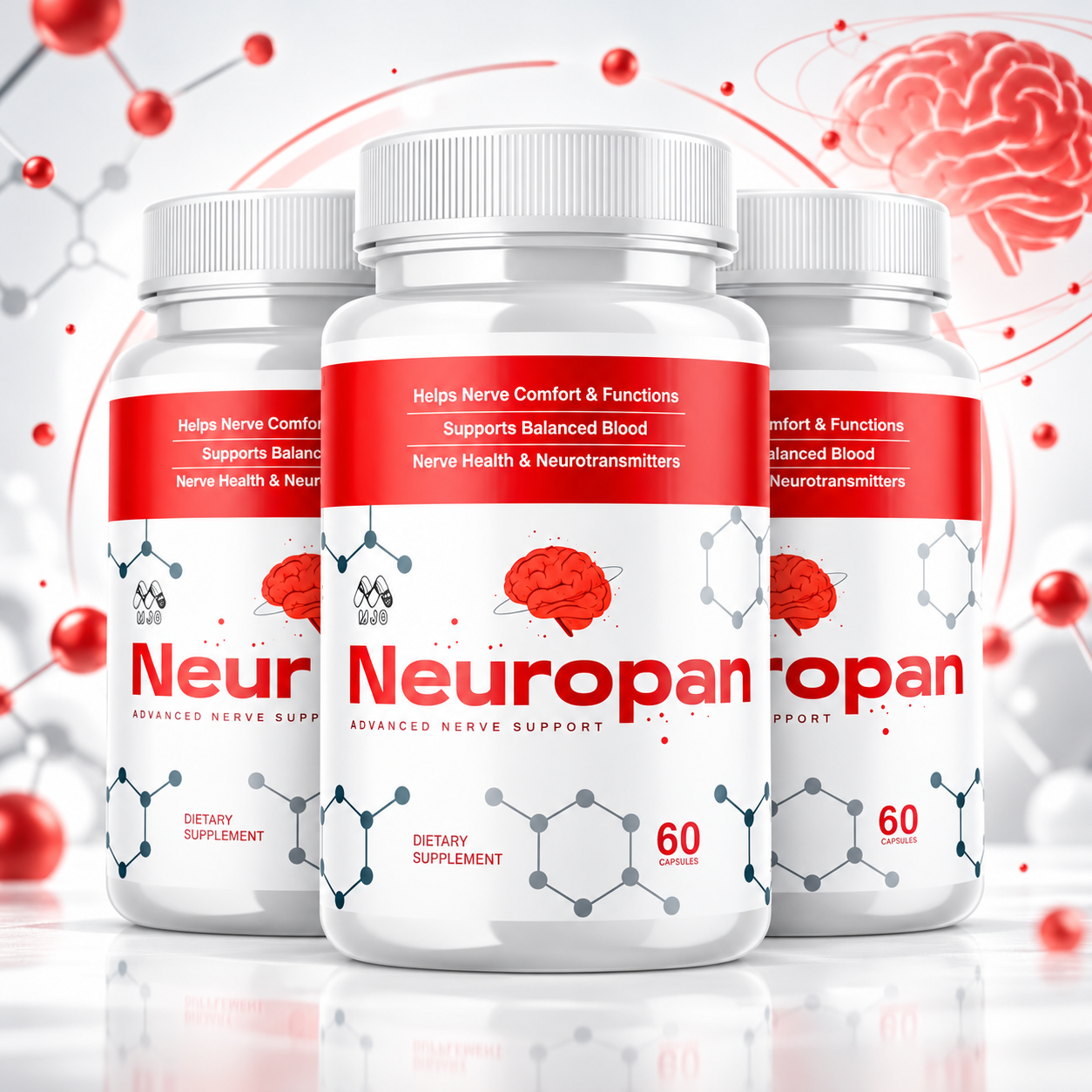 Neuropan bottles with nerve and brain illustration