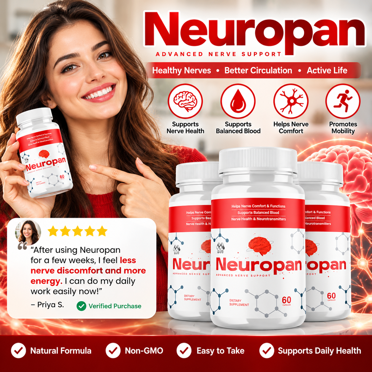 Neuropan user holding bottle with benefit icons